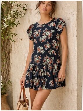 Anthropologie Pins and Needles XS Floral Dress Drop Waist Navy Cottagecore Mini